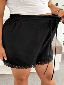 SHEIN Maternity Plus Size Solid Color Drawstring Waist Casual Shorts - Black - View 6