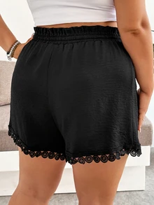SHEIN Maternity Plus Size Solid Color Drawstring Waist Casual Shorts - Black - View 7