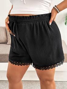 SHEIN Maternity Plus Size Solid Color Drawstring Waist Casual Shorts - Black - View 9