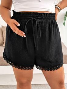 SHEIN Maternity Plus Size Solid Color Drawstring Waist Casual Shorts - Black - View 5