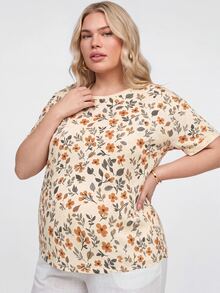 Plussiva Plus Size Pregnant Women's Casual Floral Print Short Sleeve Top, Vacation Style - Multicolor - View 2