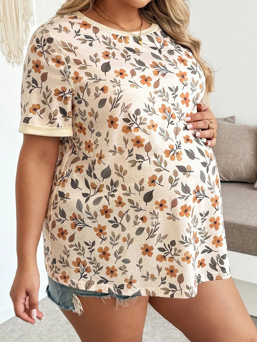 Plussiva Plus Size Pregnant Women's Casual Floral Print Short Sleeve Top, Vacation Style - Multicolor - View 1