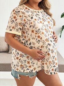 Plussiva Plus Size Pregnant Women's Casual Floral Print Short Sleeve Top, Vacation Style - Multicolor - View 5