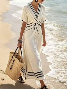 SHEIN Holidaya 女士V领短袖弹力腰A字连衣裙，女士春夏连衣裙，女士优雅连衣裙，女士休闲连衣裙，适合优雅休闲通勤、约会、下午茶、日常百搭、海滩度假 - 杏色 - 查看 4