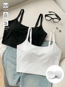Comfortcana Plus Size Spaghetti Strap Black All White Built-In Padding Basic Camisole 2pcs Set Wedding Bussines Vacation Office Summer Western Casual Elegant - Black and White - View 1