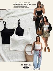Comfortcana Plus Size Spaghetti Strap Black All White Built-In Padding Basic Camisole 2pcs Set Wedding Bussines Vacation Office Summer Western Casual Elegant - Black and White - View 10