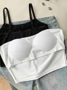 Comfortcana Plus Size Spaghetti Strap Black All White Built-In Padding Basic Camisole 2pcs Set Wedding Bussines Vacation Office Summer Western Casual Elegant - Black and White - View 4