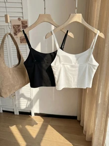 Comfortcana Plus Size Spaghetti Strap Black All White Built-In Padding Basic Camisole 2pcs Set Wedding Bussines Vacation Office Summer Western Casual Elegant - Black and White - View 2