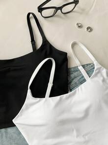 Comfortcana Plus Size Spaghetti Strap Black All White Built-In Padding Basic Camisole 2pcs Set Wedding Bussines Vacation Office Summer Western Casual Elegant - Black and White - View 3