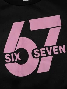 SHEIN Tween女孩黑色與Tween女孩粉色蝴蝶結數字印花長袖衛衣套裝，休閒運動穿搭 - 黑色 - 查看 5