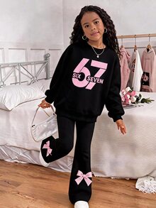 SHEIN Tween女孩黑色與Tween女孩粉色蝴蝶結數字印花長袖衛衣套裝，休閒運動穿搭 - 黑色 - 查看 8