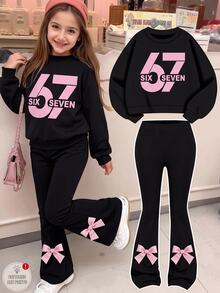 SHEIN Tween女孩黑色與Tween女孩粉色蝴蝶結數字印花長袖衛衣套裝，休閒運動穿搭 - 黑色 - 查看 1