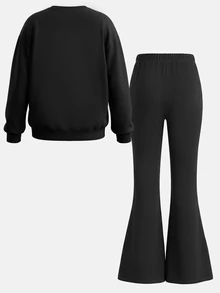 SHEIN Tween女孩黑色與Tween女孩粉色蝴蝶結數字印花長袖衛衣套裝，休閒運動穿搭 - 黑色 - 查看 2