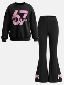 SHEIN Tween女孩黑色與Tween女孩粉色蝴蝶結數字印花長袖衛衣套裝，休閒運動穿搭 - 黑色 - 查看 3