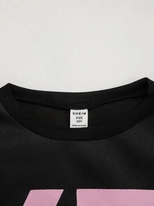 SHEIN Tween女孩黑色與Tween女孩粉色蝴蝶結數字印花長袖衛衣套裝，休閒運動穿搭 - 黑色 - 查看 7