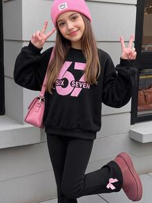 SHEIN Tween女孩黑色與Tween女孩粉色蝴蝶結數字印花長袖衛衣套裝，休閒運動穿搭 - 黑色 - 查看 9