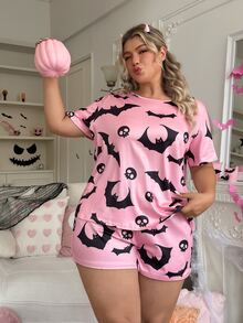 Slumberry CURVE طقم بيجامة محبوك فضفاض مريح برقبة دائرية مطبوع عليه خفافيش وجماجم لطيفة وجميلة لعيد الهالوين بمقاسات كبيرة - وردي - مشاهدة 8