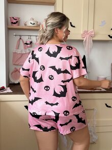 Slumberry CURVE طقم بيجامة محبوك فضفاض مريح برقبة دائرية مطبوع عليه خفافيش وجماجم لطيفة وجميلة لعيد الهالوين بمقاسات كبيرة - وردي - مشاهدة 4