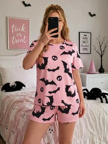 Slumberry CURVE طقم بيجامة محبوك فضفاض مريح برقبة دائرية مطبوع عليه خفافيش وجماجم لطيفة وجميلة لعيد الهالوين بمقاسات كبيرة - وردي - مشاهدة 9