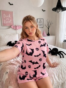 Slumberry CURVE طقم بيجامة محبوك فضفاض مريح برقبة دائرية مطبوع عليه خفافيش وجماجم لطيفة وجميلة لعيد الهالوين بمقاسات كبيرة - وردي - مشاهدة 2