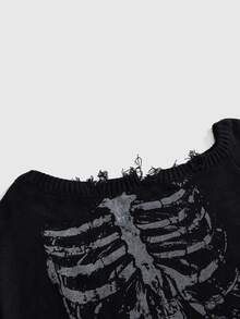 ROMWE Grunge Punk 深色哥德龐克風大尺碼性感不對稱領口針織套頭洋裝 骷髏印花破舊設計長袖萬聖節迷你洋裝 - 黑色 - 查看 4