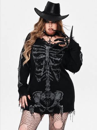 Grunge Punk Dark Gothic Punk Style Plus Size Sexy Asymmetrical Neckline Pullover Knit Dress Skeleton Print Distressed Design Long Sleeve Halloween Mini Dress