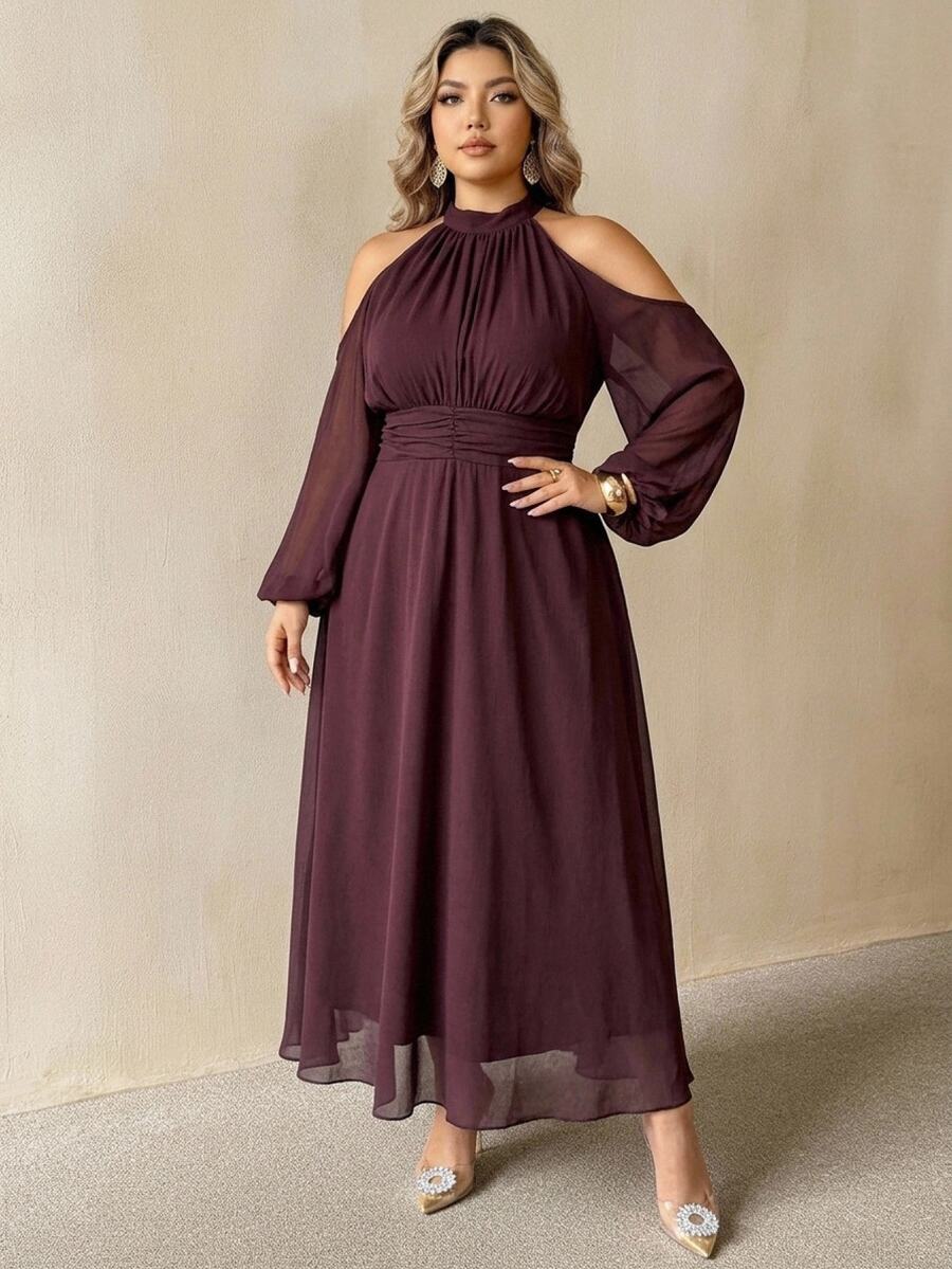 SHEIN CURVE+ Plus Size Elegant Pleated Off-Shoulder French Style Dress Fall - Burgundy - View 1