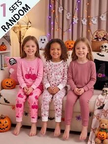 SHEIN Conjunto de ropa de estar en casa ajustado para niñas jóvenes, adecuado para usar en otoño e invierno (entrega aleatoria: compra 3 conjuntos y obtén 1 conjunto para fiesta de Halloween/Navidad con ajuste ceñido) - Multicolor - Ver 2