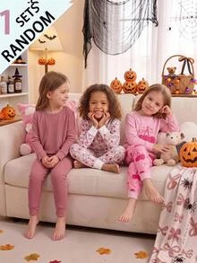 SHEIN Conjunto de ropa de estar en casa ajustado para niñas jóvenes, adecuado para usar en otoño e invierno (entrega aleatoria: compra 3 conjuntos y obtén 1 conjunto para fiesta de Halloween/Navidad con ajuste ceñido) - Multicolor - Ver 1