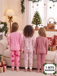 SHEIN Conjunto de ropa de estar en casa ajustado para niñas jóvenes, adecuado para usar en otoño e invierno (entrega aleatoria: compra 3 conjuntos y obtén 1 conjunto para fiesta de Halloween/Navidad con ajuste ceñido) - Multicolor - Ver 5