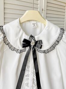 SHEIN Tween Girl Peter Pan Collar Contrast Color Bow Blouse Fall/Winter Back To School Clothes Girls Kids - Multicolor - View 8