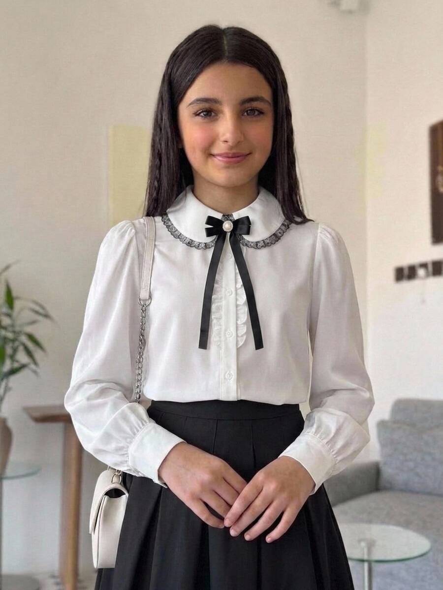 SHEIN Tween Girl Peter Pan Collar Contrast Color Bow Blouse Fall/Winter Back To School Clothes Girls Kids