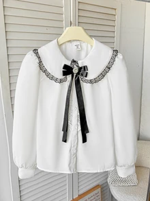 SHEIN Tween Girl Peter Pan Collar Contrast Color Bow Blouse Fall/Winter Back To School Clothes Girls Kids - Multicolor - View 5