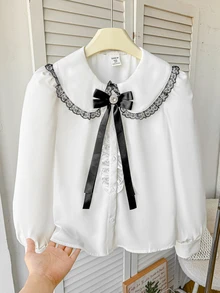 SHEIN Tween Girl Peter Pan Collar Contrast Color Bow Blouse Fall/Winter Back To School Clothes Girls Kids - Multicolor - View 7