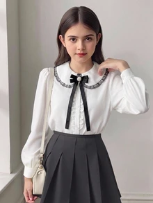 SHEIN Tween Girl Peter Pan Collar Contrast Color Bow Blouse Fall/Winter Back To School Clothes Girls Kids - Multicolor - View 3
