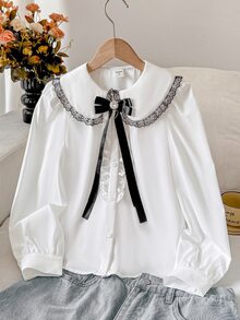 SHEIN Tween Girl Peter Pan Collar Contrast Color Bow Blouse Fall/Winter Back To School Clothes Girls Kids - Multicolor - View 10