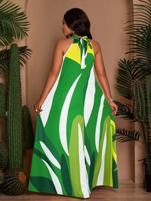 SOLERSUN Plus Size Women's Lime Green Printed Sleeveless Back Neck Tie Drawstring A-Line Dress,Summer Boho Beach Holiday Loose Casual Long Dress With Pockets - Green - View 3