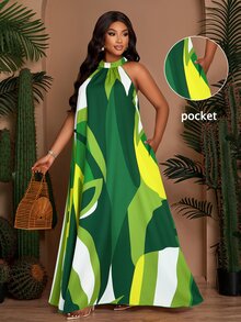 SOLERSUN Plus Size Women's Lime Green Printed Sleeveless Back Neck Tie Drawstring A-Line Dress,Summer Boho Beach Holiday Loose Casual Long Dress With Pockets - Green - View 2