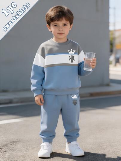 Young Boys Sweatshirt School Gray Blue Color Block Crown Letter Print Long Sleeve Crew Neck Loose Fit Back To School Fall Winter