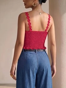 SHEIN Clasi 女士优雅度假风水溶性蕾丝修身吊带背心，夏季 - 紅色 - 查看 8