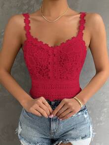 SHEIN Clasi 女士优雅度假风水溶性蕾丝修身吊带背心，夏季 - 紅色 - 查看 4