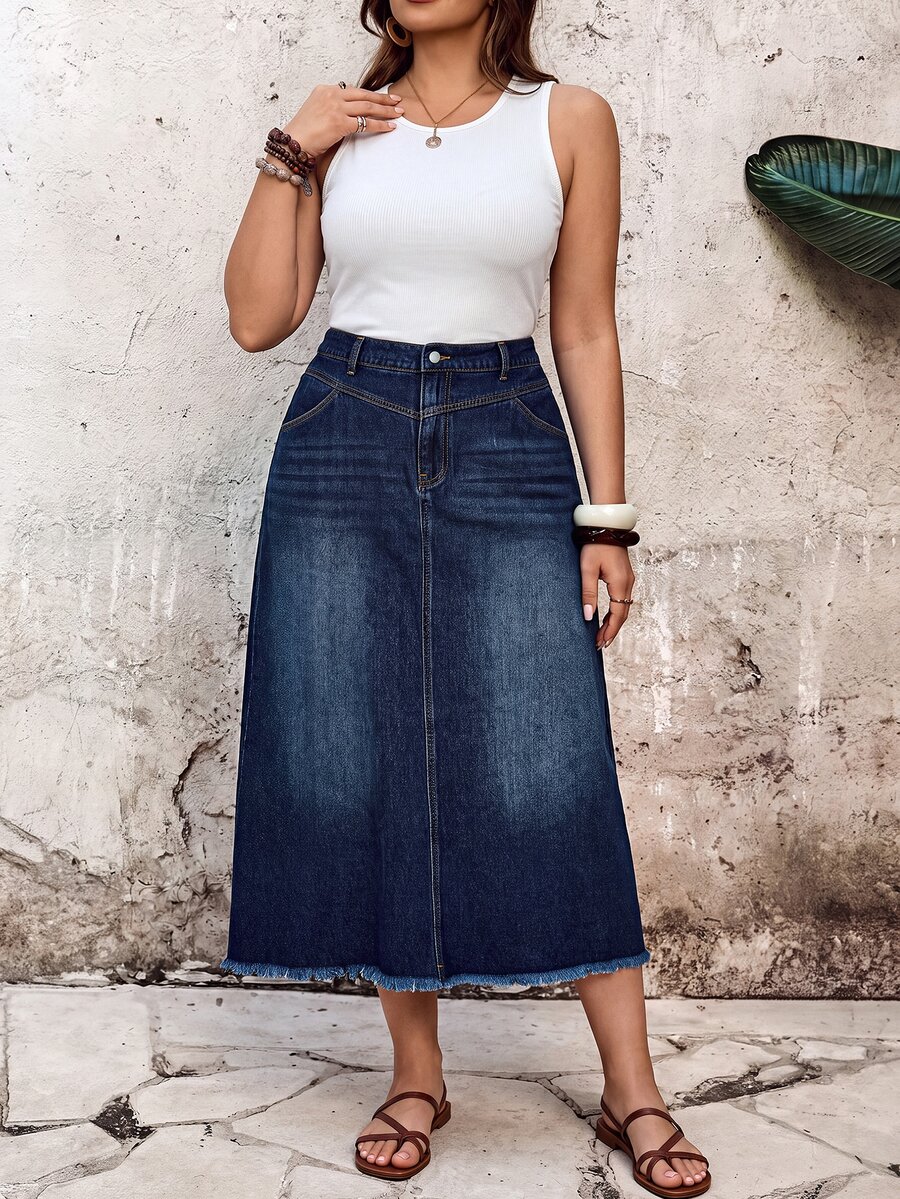 EMERY ROSE Casual High Waist Blue Daily Stretchy Washed Comfortable Flattering Wear Plus Size Denim Skirt For Women - Dark Wash - View 1