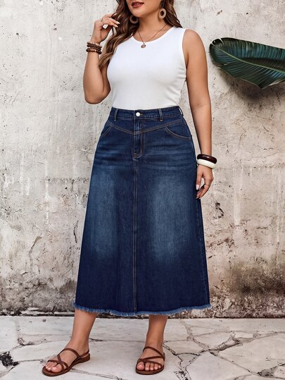 EMERY ROSE Casual High Waist Blue Daily Stretchy Washed Comfortable Flattering Wear Plus Size Denim Skirt For Women