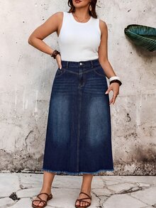 EMERY ROSE Casual High Waist Blue Daily Stretchy Washed Comfortable Flattering Wear Plus Size Denim Skirt For Women - Dark Wash - View 3