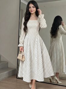 SHEIN 青少年女孩秋季洋裝 黑白波點優雅可愛中長洋裝 方領泡泡長袖 收腰百褶 秋冬派對穿搭 - 彩色 - 查看 2