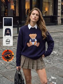 Briarwyn Autumn/Winter Women's Bear Embroidery Casual Versatile Daily Long Sleeve Sweater Teachers' Day School Navy Blue ,Old Money Style,Casual Sweater - Navy Blue - View 3