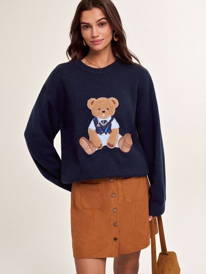 Briarwyn Autumn/Winter Women's Bear Embroidery Casual Versatile Daily Long Sleeve Sweater Teachers' Day School Navy Blue ,Old Money Style,Casual Sweater