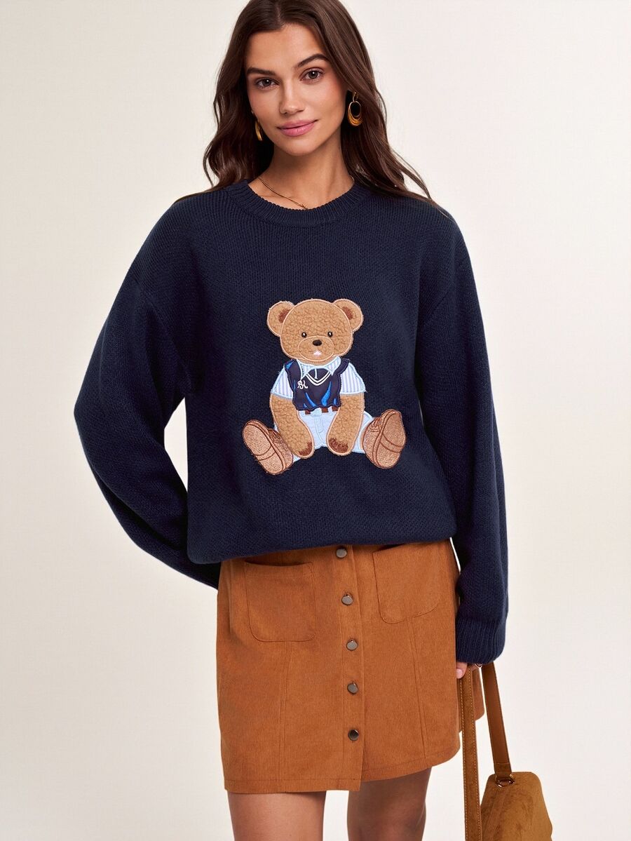 Briarwyn Autumn/Winter Women's Bear Embroidery Casual Versatile Daily Long Sleeve Sweater Teachers' Day School Navy Blue ,Old Money Style,Casual Sweater - Navy Blue - View 1