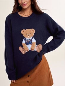 Briarwyn Autumn/Winter Women's Bear Embroidery Casual Versatile Daily Long Sleeve Sweater Teachers' Day School Navy Blue ,Old Money Style,Casual Sweater - Navy Blue - View 5