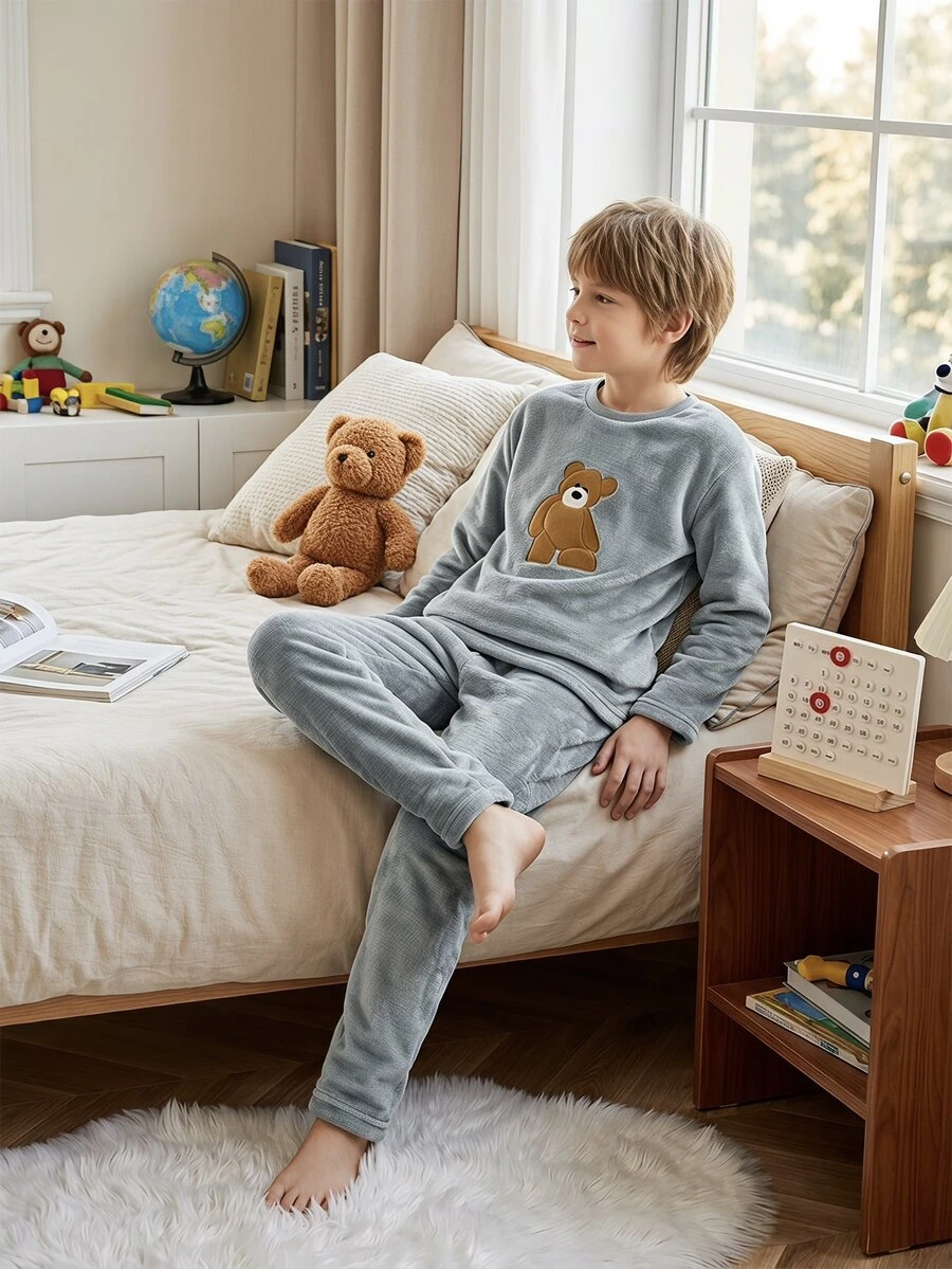 Tween Boy Bear Embroidery Warm Top And Pants Loungewear Night Grey Autumn Cute - Blue - View 1